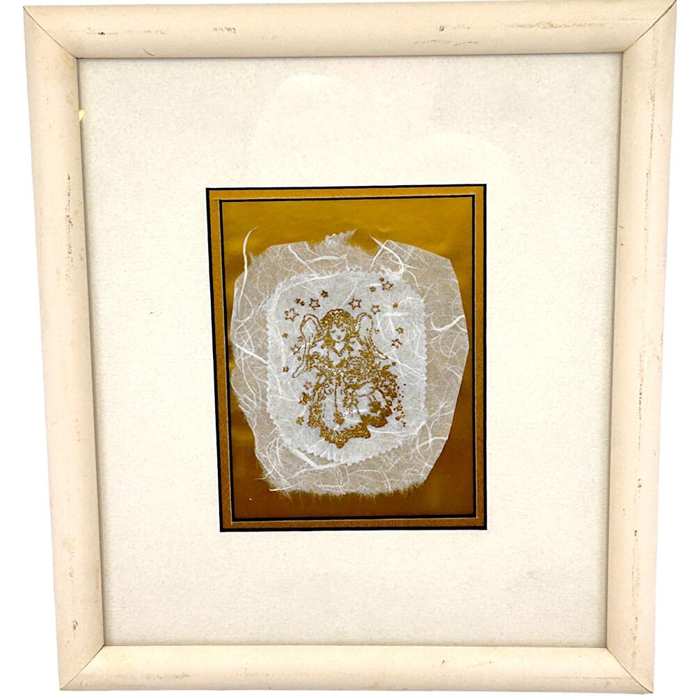 Vintage Gold Lace Stitched 8.5"x9.5" Glitter Angel w Custom Frame